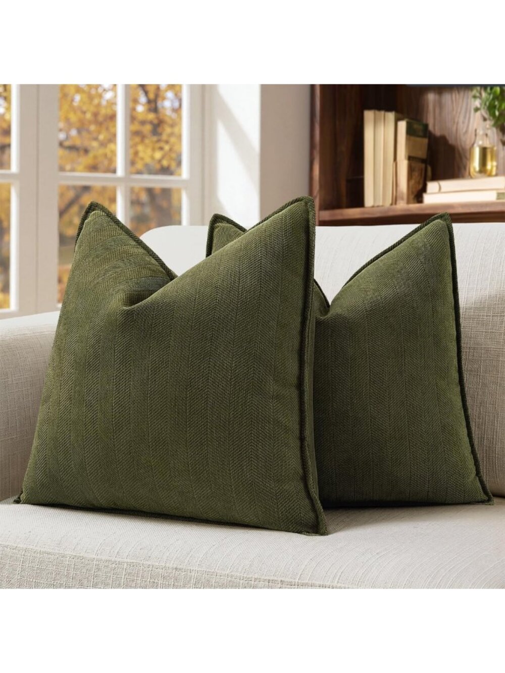 Set of 2 Olive Green Chenille Decorative Pillow Covers 20x20 Inch - Cozy Home